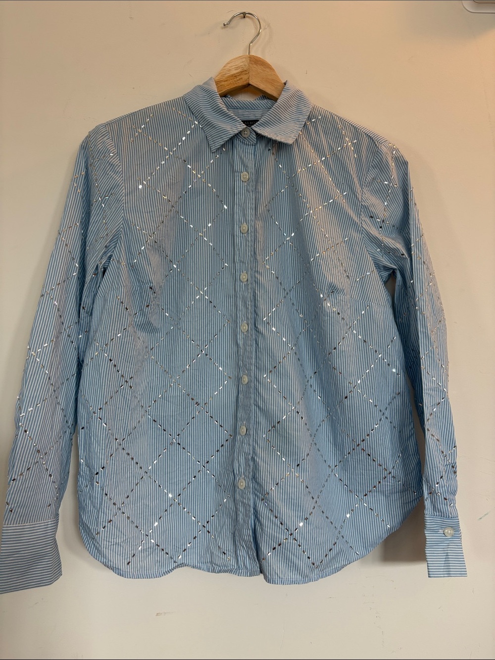 Blue Striped Sparkly Button-Up Shirt with Diamond Pattern